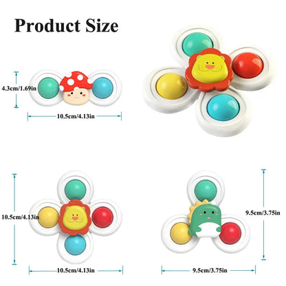 3PC Suction Cup Spinner Toys - Cartoon Animal Fidget Toys for Kids High Chair Bath Window Travel Gift