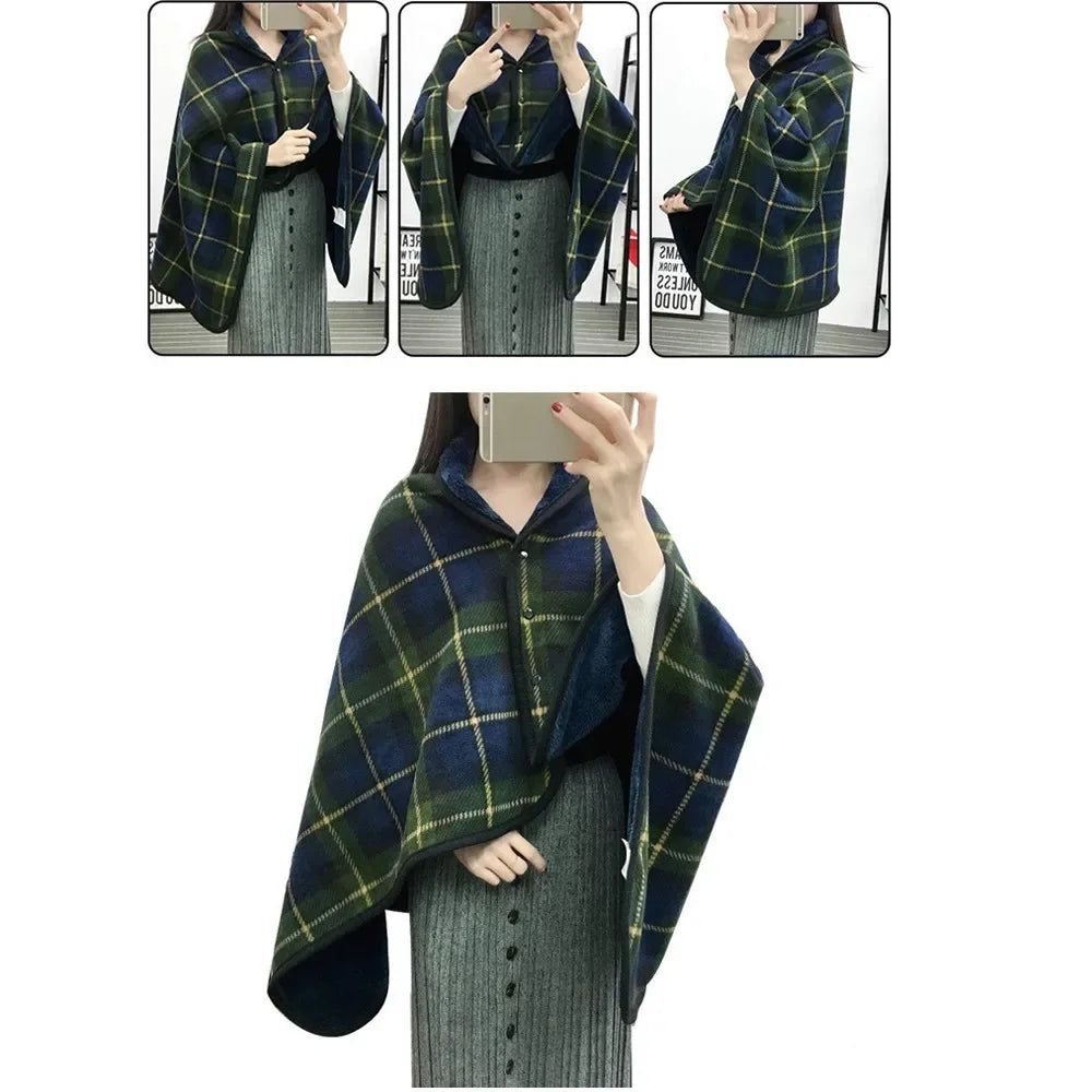 Women’s Double-Layer Tartan Plaid Blanket Scarf – Winter Warm Multifunction Shawl Wrap