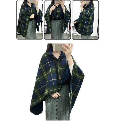Women’s Double-Layer Tartan Plaid Blanket Scarf – Winter Warm Multifunction Shawl Wrap