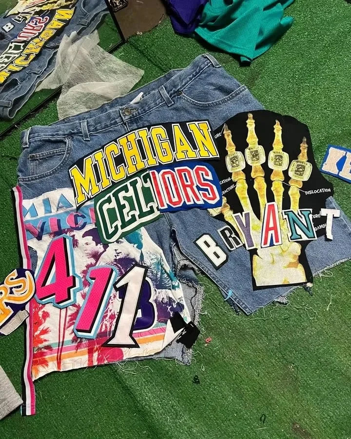 Unisex Y2K Rock Hip Hop Patchwork Denim Shorts – Retro Cartoon Pattern Baggy Casual Basketball Fitness Shorts