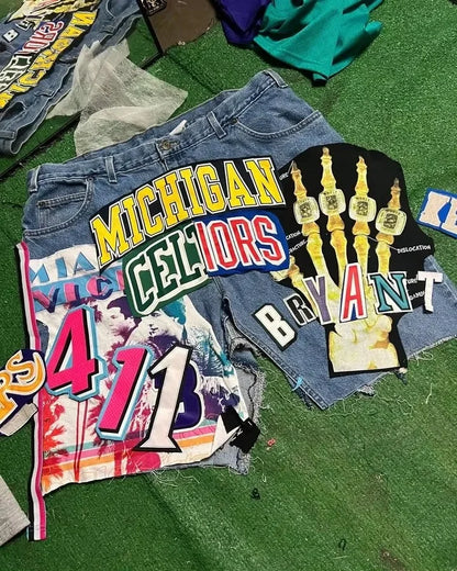 Unisex Y2K Rock Hip Hop Patchwork Denim Shorts – Retro Cartoon Pattern Baggy Casual Basketball Fitness Shorts