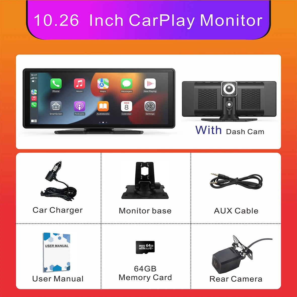 Portable Wireless CarPlay Screen - Universal Android Auto Touchscreen Car Stereo System
