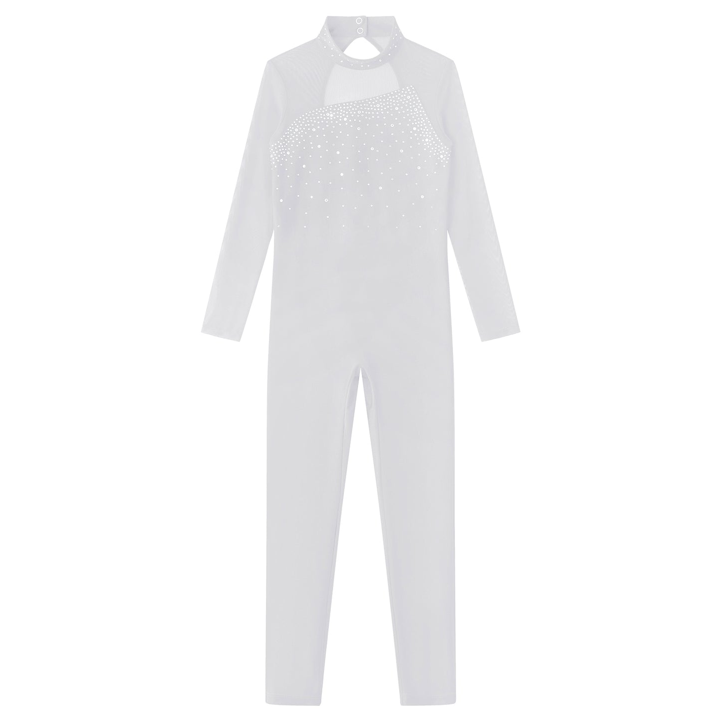 Kids Girls Long Sleeve Rhinestone Bodysuit — Full Body Dancewear Gymnastics Leotard Skating Jumpsuit