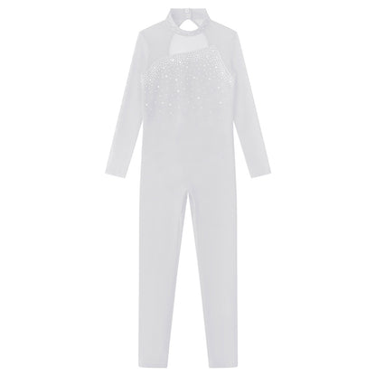 Kids Girls Long Sleeve Rhinestone Bodysuit — Full Body Dancewear Gymnastics Leotard Skating Jumpsuit