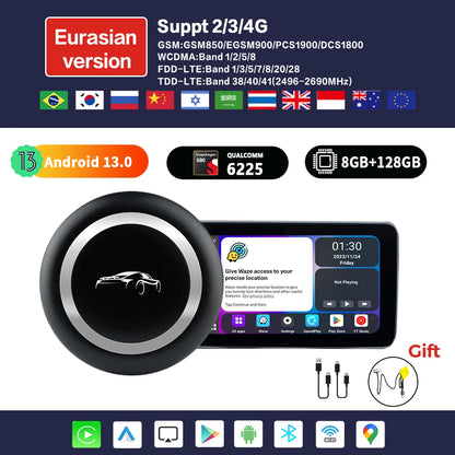 CarPlay TV Box Android 13 – Wireless Android Auto CarPlay Adapter Qualcomm 6225 8GB+128GB for Volvo, Benz, Audi, Kia, Hyundai, Mazda, VW