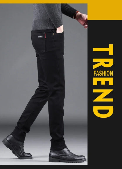 Men’s Spring Autumn Slim Black Jeans — Elastic Straight Korean Vintage Denim Pants for Business & Casual Wear