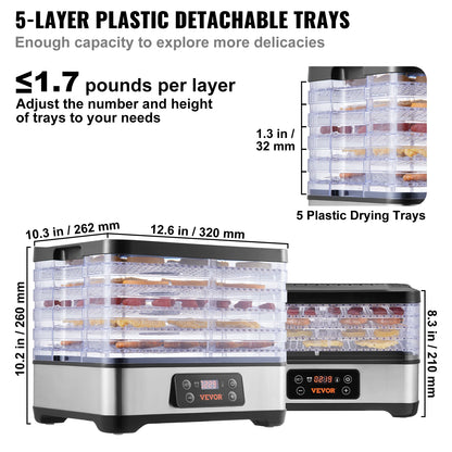 SucceBuy 5-Tray Electric Food Dehydrator – 300W Stainless Steel Dryer with Digital Timer & Adjustable Temperature