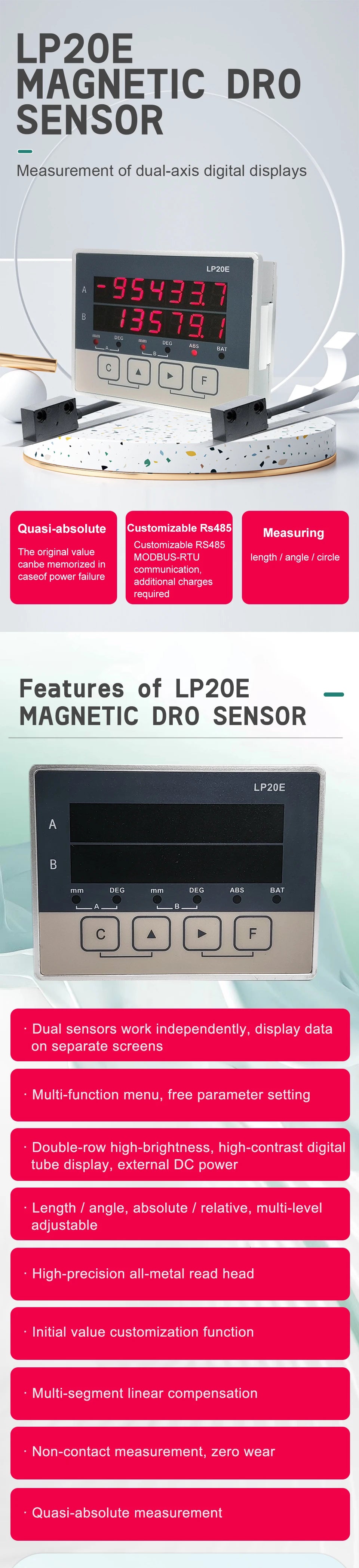 LP20E 2-Axis Digital DRO – Magnetic Sensor Tape Displacement Readout Scale for CNC Lathe & Woodworking Machines