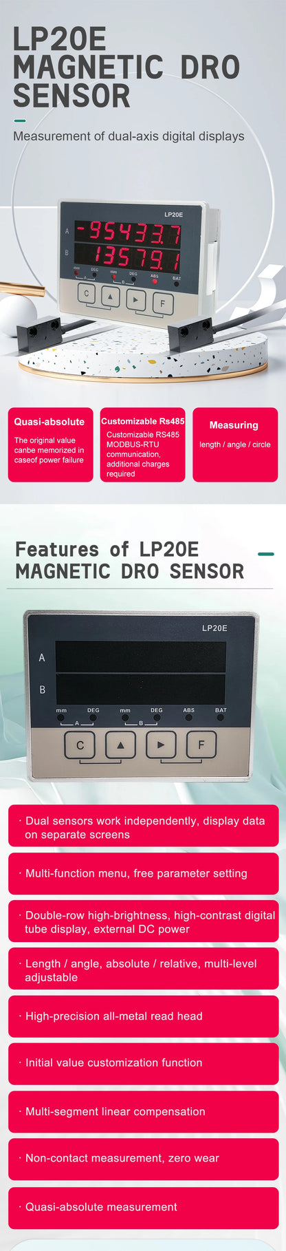 LP20E 2-Axis Digital DRO – Magnetic Sensor Tape Displacement Readout Scale for CNC Lathe & Woodworking Machines