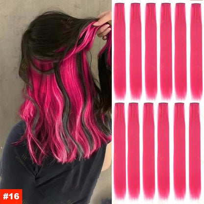 18-Color Clip-In Hair Extensions – 22 Inch Long Straight Synthetic Wig with High Gloss for Women & Children