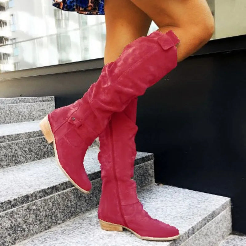 Women’s Thigh-High Suede Boots – Low Heel Side-Zip Knee-High Booties, Retro Autumn Winter Size 43
