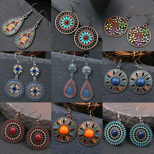 Boho Enamel Flower Earrings - Colorful Vintage Geometric Drop Dangle Jewelry for Women