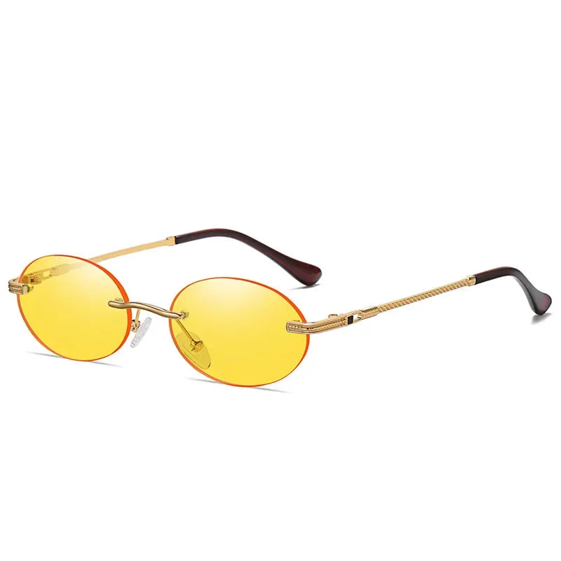 Retro Oval Rimless Sunglasses – Blue Mirror Gold Metal UV400 for Men & Women