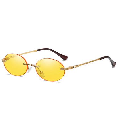 Retro Oval Rimless Sunglasses – Blue Mirror Gold Metal UV400 for Men & Women