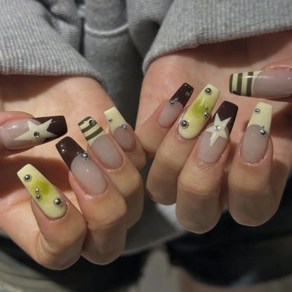 24PCS Y2K Sweet Stars Press-On Nails - Blue Brown Striped French Style Autumn Vintage Wave Point Fake Nail Set