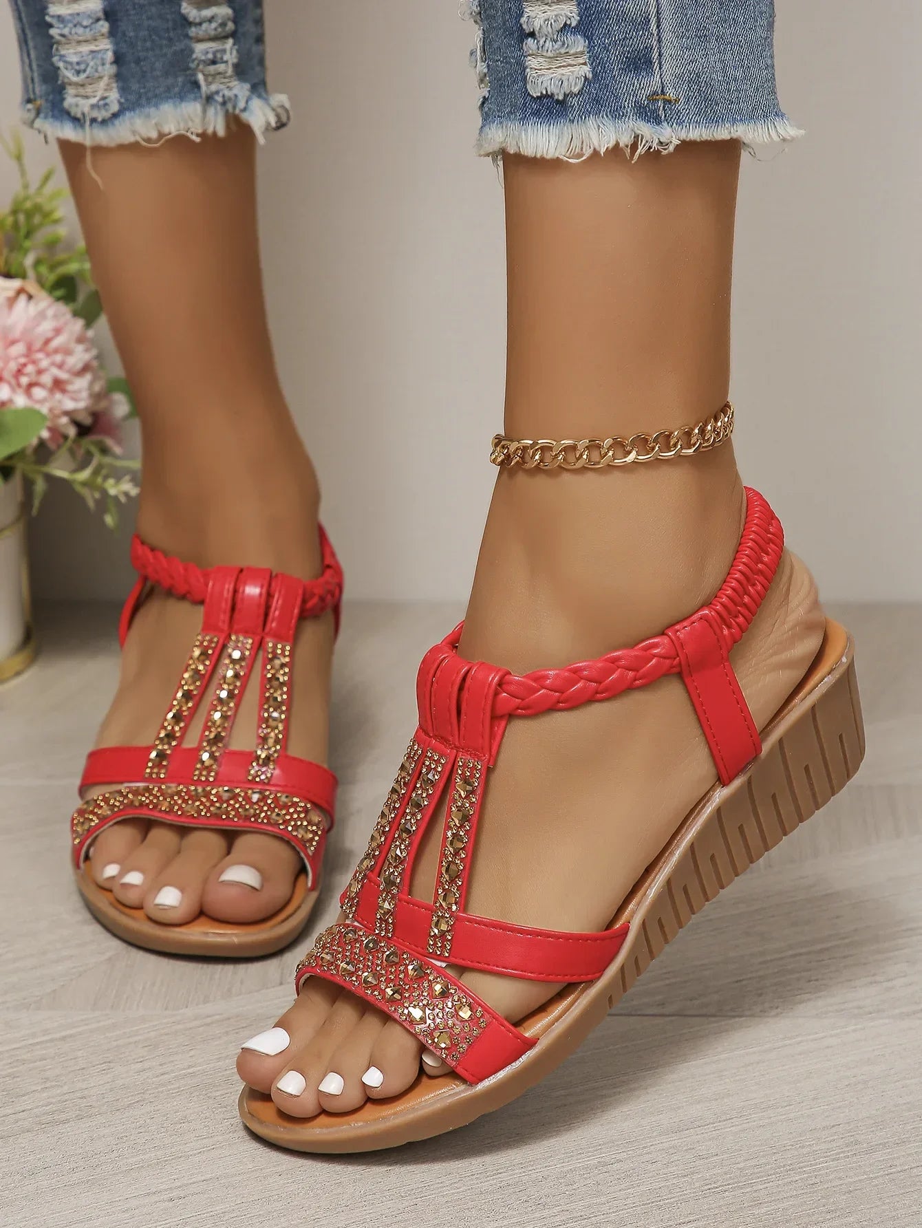 Women’s Bohemian Wedge Sandals - Rhinestone Platform Peep Toe Summer Beach Shoes Casual Outdoor Footwear