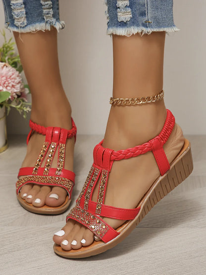 Women’s Bohemian Wedge Sandals - Rhinestone Platform Peep Toe Summer Beach Shoes Casual Outdoor Footwear
