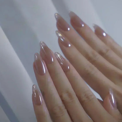 24Pcs French Press On Nails - Almond Fake Nail Tips with Glue, White Edge Design & Pink Stiletto Style Manicure Set