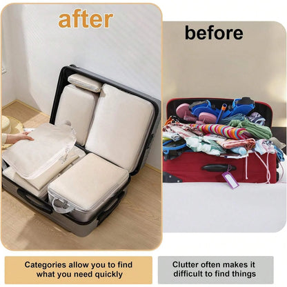 6-Piece Compressible Waterproof Nylon Packing Cubes Set – Portable Travel Storage Bags with Handbag Luggage Organizer