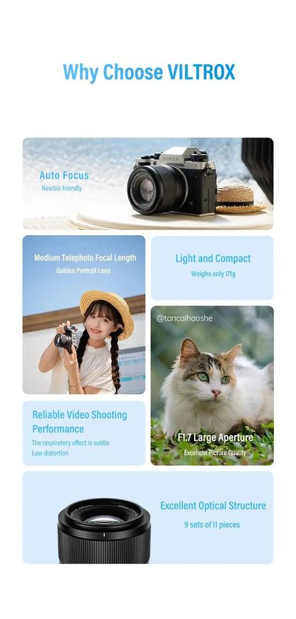 Viltrox 56mm F1.7 Auto Focus APS-C Lens – For Fuji X, Nikon Z, Sony E Mount Mirrorless Cameras