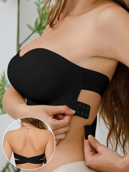 Strapless Bra with Side Clasps – Nylon Knit Fabric, Removable Padding & Crisscross Strap Details