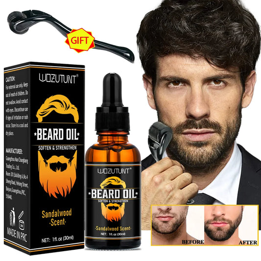 Natural Shea Beard Conditioning Oil 30ml – Sandalwood Scent Beard Softener & Strengthener with Gentle Roller for Facial Hair Growth & Massage for Men