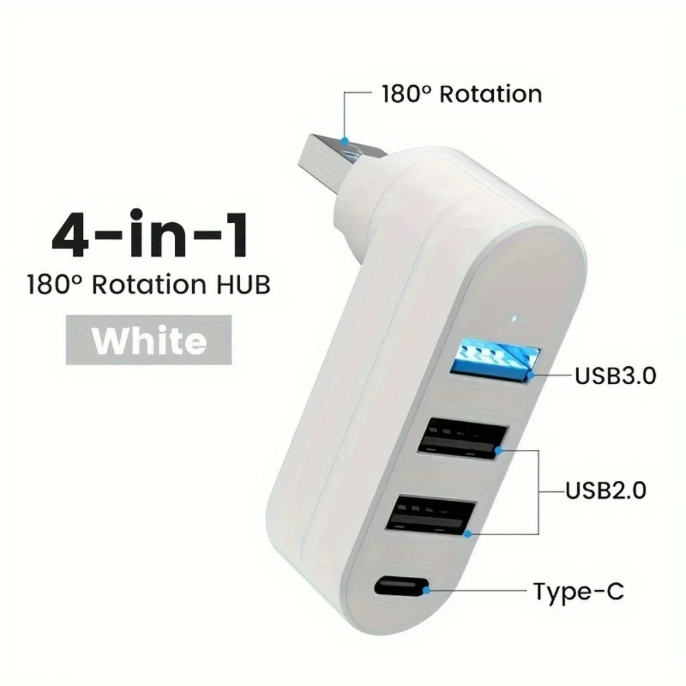 4-Port USB 3.0 Hub - Rotatable Multi-Port USB Data Transfer Expander for Laptop, MacBook & PC