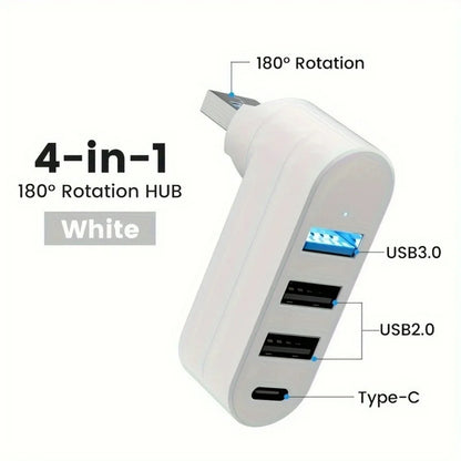 4-Port USB 3.0 Hub - Rotatable Multi-Port USB Data Transfer Expander for Laptop, MacBook & PC