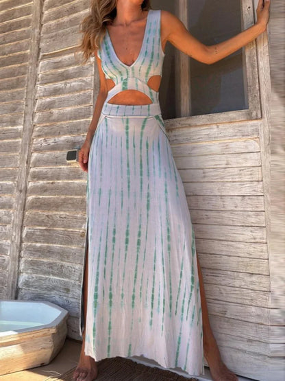 Women’s Sleeveless Summer Maxi Dress – Elegant V-Neck Hollow-Out Patchwork Party Dress, Simple Chic Fashion Print
