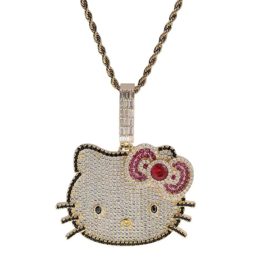 Hello Kitty Y2K White Gold Pendant Necklace – Sweet Long Layered Jewelry Chain for Women, Halloween Style (Europe & America)