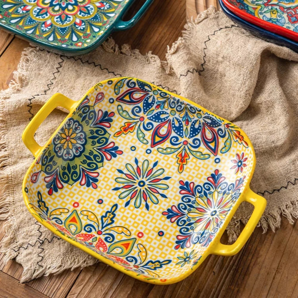 9-Inch Bohemian Style Ceramic Salad Plate with Double Ears — Oven & Microwave Safe Pasta Dish