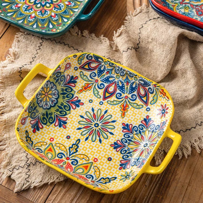 9-Inch Bohemian Style Ceramic Salad Plate with Double Ears — Oven & Microwave Safe Pasta Dish