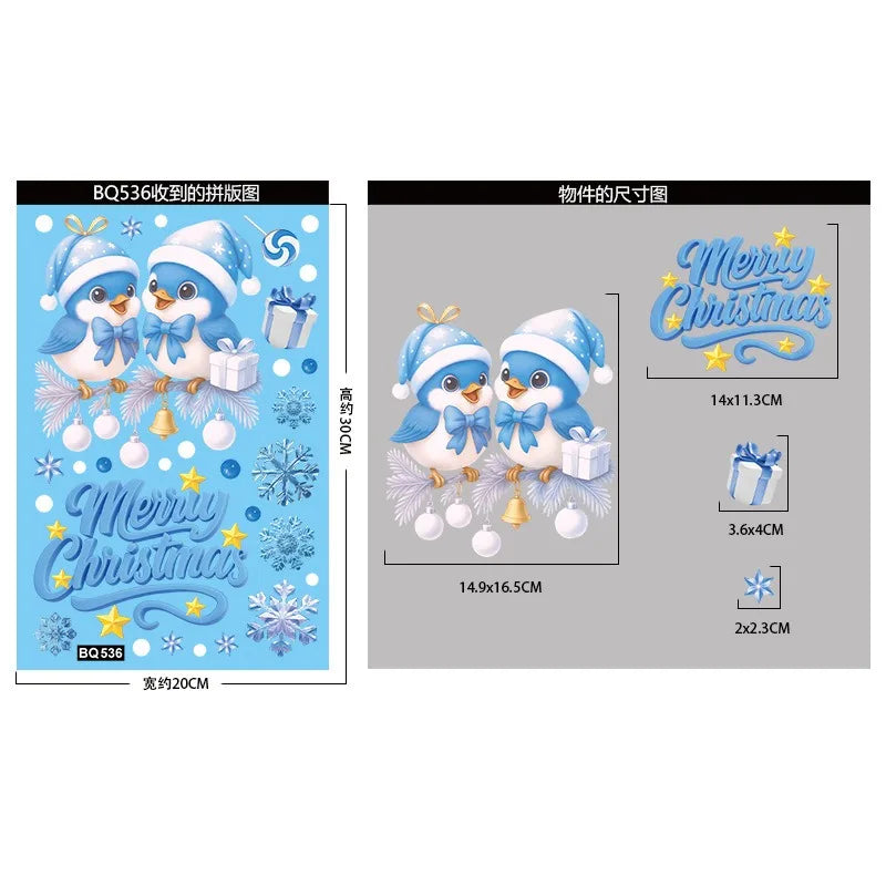 Christmas Blue Snowman Window Stickers – Santa, Snowflake, Bird & Elk Ornaments for Merry Christmas 2025 and Happy New Year 2026