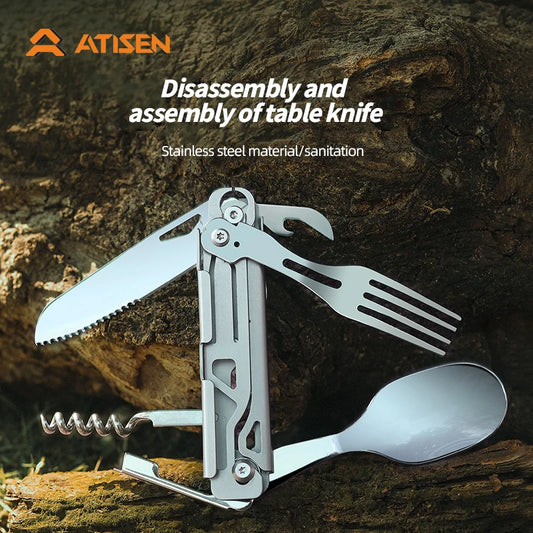 Multifunctional Portable Stainless Steel Tableware - All-in-One Knife Card Tool with Rope and Saw for Outdoor Camping Survival