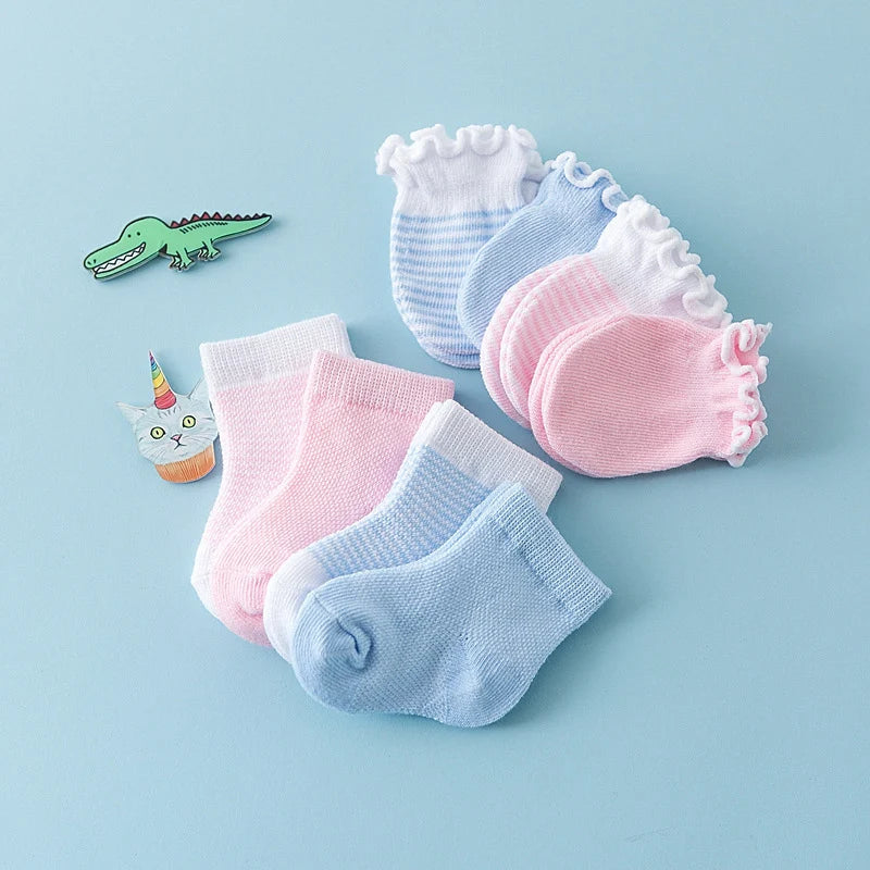 4-Pair Baby Socks & Gloves Set – Solid Color, Soft Cotton, Elastic Infant Toddler Ruffle Mittens for Newborn Girls & Boys