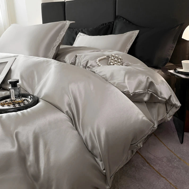 Nordic Satin Silk Bedding Set – Luxury Duvet Cover, Bed Sheet & Pillowcases for Single, Double & Couple Beds