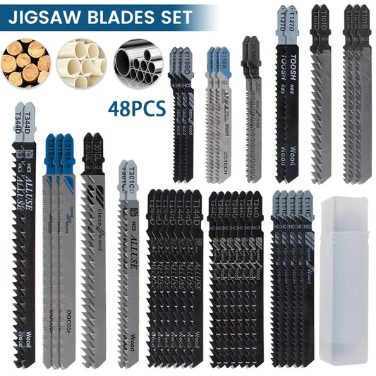 48Pcs T-Shank Jigsaw Blade Set – High Carbon Steel Multi-Purpose Jig Saw Blades for Wood, Plastic & Metal Cutting Compatible with DEWALT, Bosch & Metabo