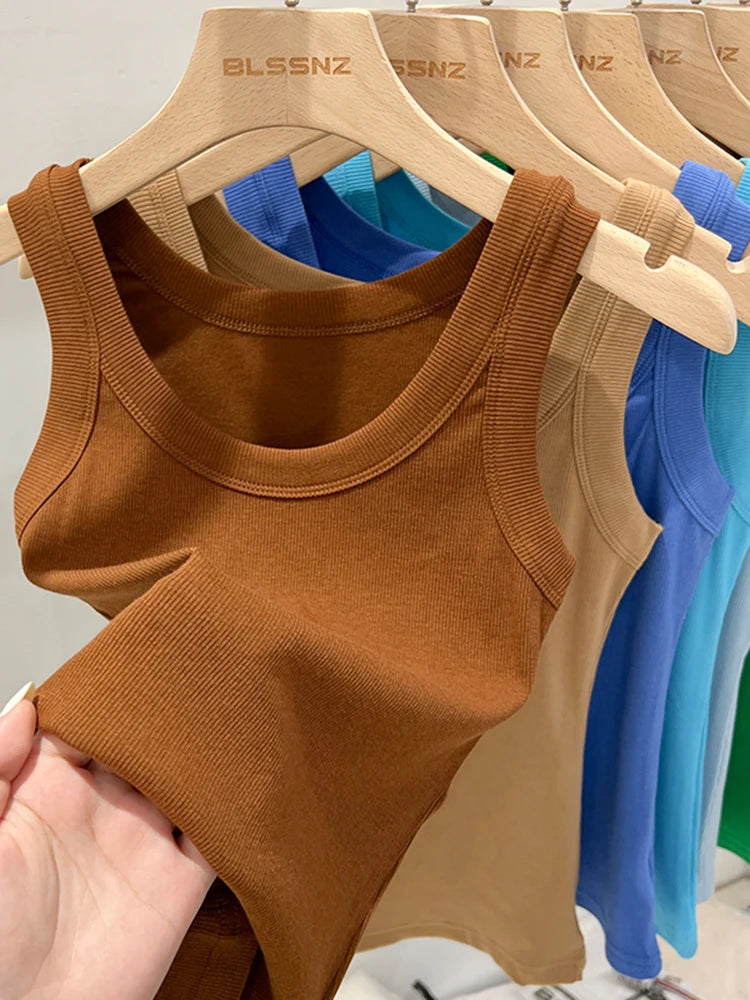 Women’s Ribbed Tank Top Camisole – Solid Color Round Neck Elastic O-Neck Basic Summer Sleeveless Top