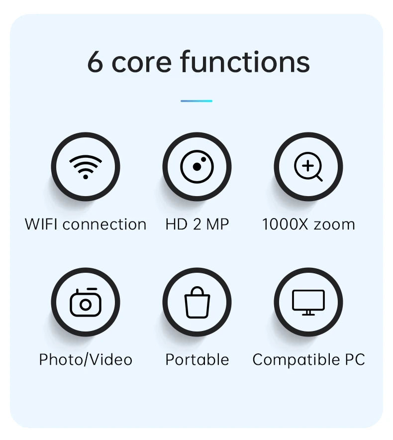 WiFi Digital Microscope Camera — 50X-1000X Zoom 2MP USB Magnifier for Skin Inspection, Repair, Android, iOS, PC