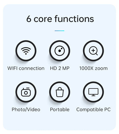 WiFi Digital Microscope Camera — 50X-1000X Zoom 2MP USB Magnifier for Skin Inspection, Repair, Android, iOS, PC