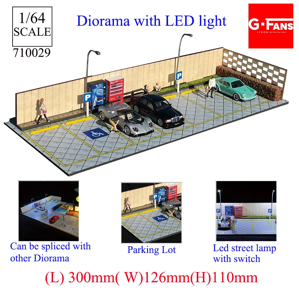 GFans 1:64 Scale Diorama Car Garage Model – LED Lighted Parking Lot DIY City Set for Collection & Display Gifts