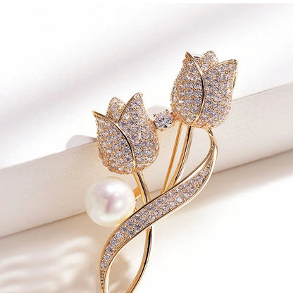 Luxury Tulip Flower Brooch Pin with White Stone – Elegant Rose Floral Jewelry for Women (2023 Design)