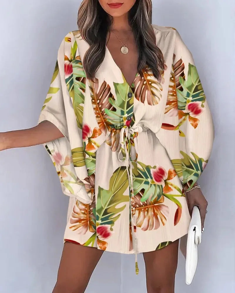 Women’s Floral Summer Dress - V Neck Bat Sleeve Ruffle Boho Dress with Irregular Hem Casual 2024 Style