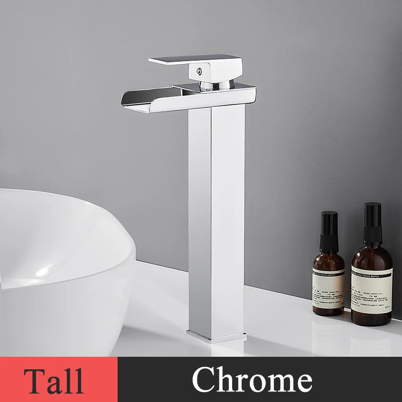 Bathroom Basin Sink Faucet - Deck Mount Waterfall Spout Tap with Single Handle, Hot & Cold Water Mixer for Vanity Washbasin