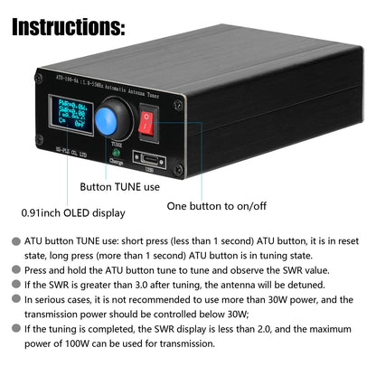 ATU-100-0A Mini Automatic Antenna Tuner – 1.8-55MHz with OLED Display, Aluminum Alloy Case, 1500mAh Battery