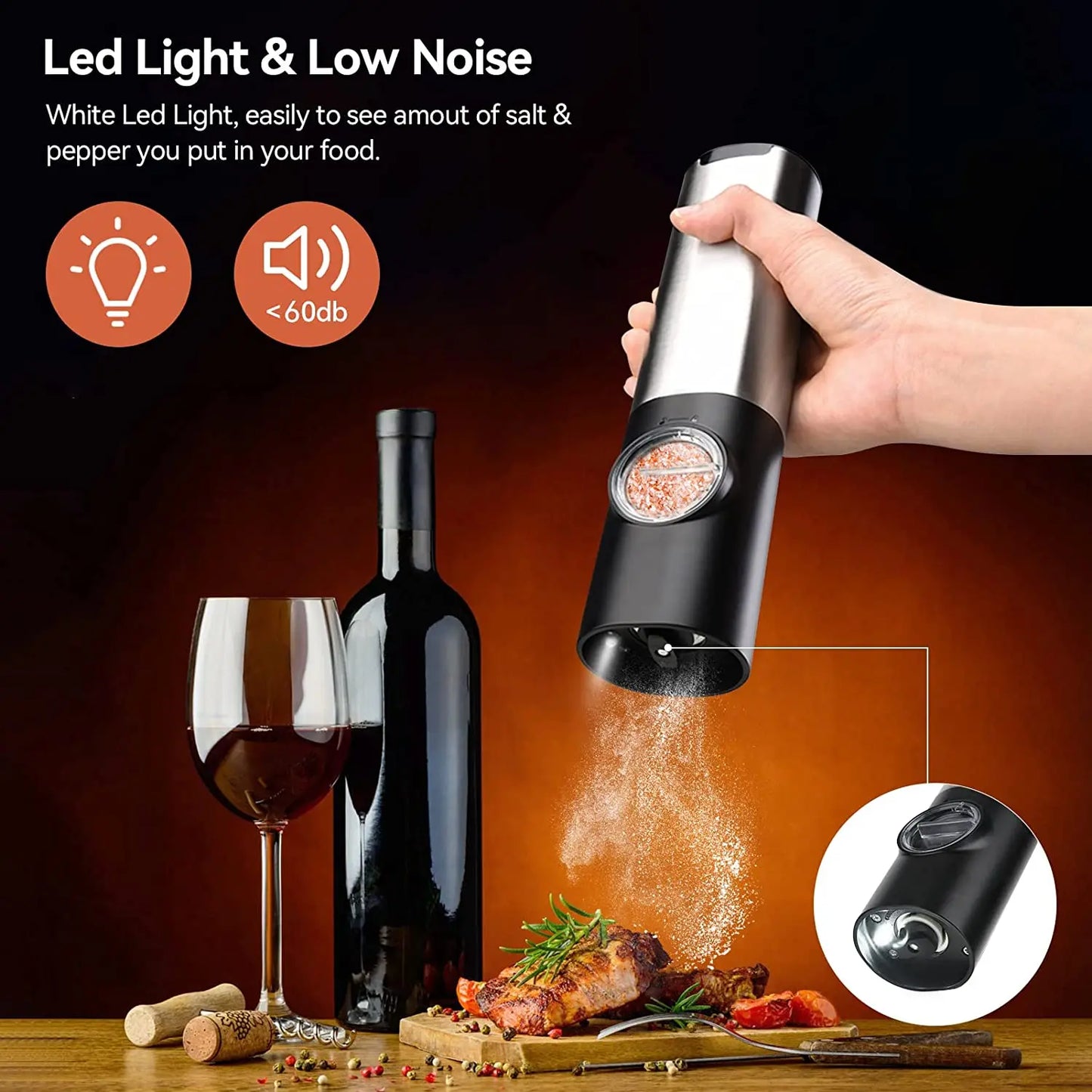 USB Rechargeable Electric Salt & Pepper Grinder – Adjustable Roughness for Freshly Ground Pepper and Spice Powder