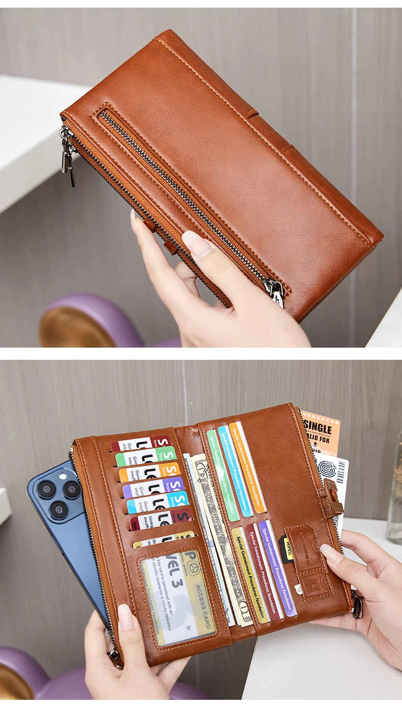 RFID Blocking Large Capacity Wallet – Soft Leather Solid Color Clutch, Multi-Functional Zipper Purse for Women & Men