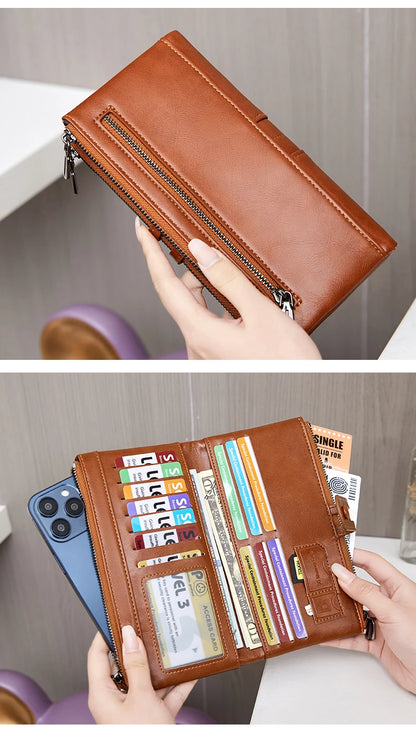 RFID Blocking Large Capacity Wallet – Soft Leather Solid Color Clutch, Multi-Functional Zipper Purse for Women & Men