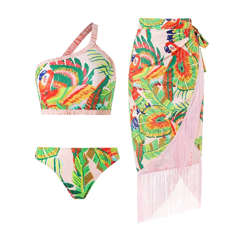 Blue One-Shoulder Ruffle Floral Monokini Swimsuit with Cover Up Sexy One Piece Beach Swimwear for Women Summer