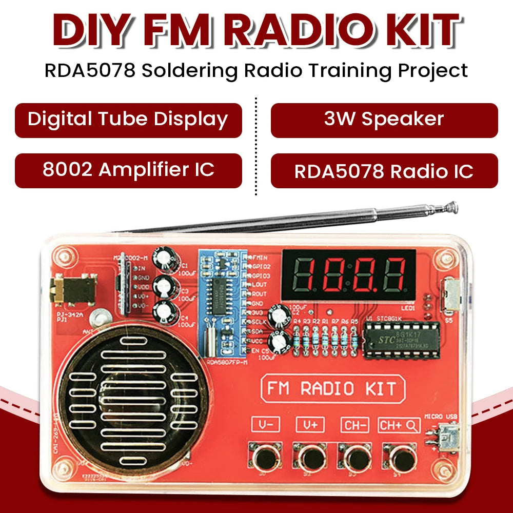 DIY FM Radio Soldering Kit - RDA5807 IC, 50–108MHz Adjustable Frequency, LED Digital Display, 3W Speaker, and Dual Power Supply